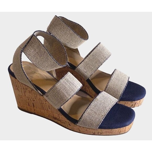 Comfort Est 1946 Womens Ankle Strap Wedge Sandals Size 9 3 1/2" Heel Blue White - Picture 2 of 16